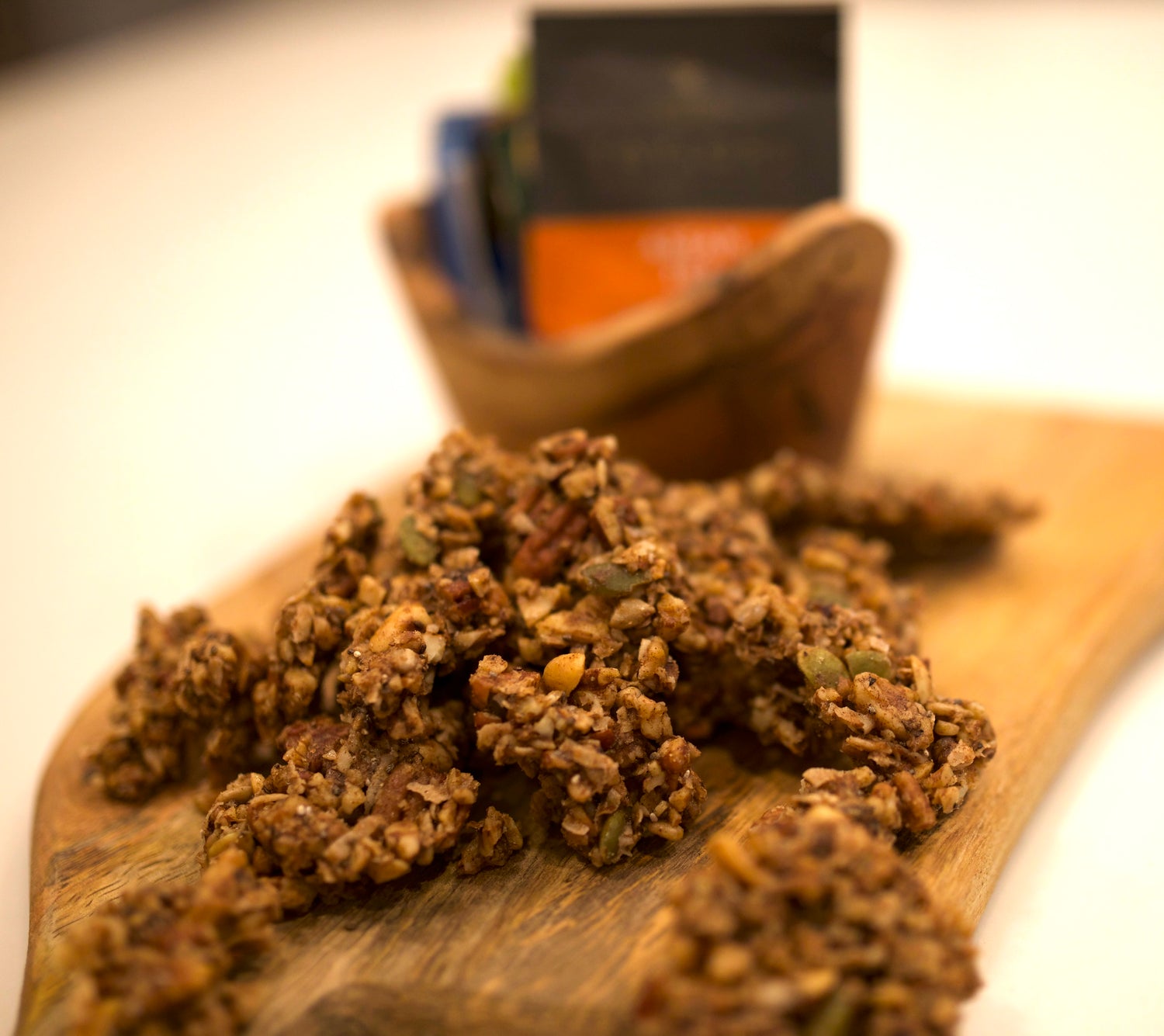 Nuts on a wooden board with a blurred background