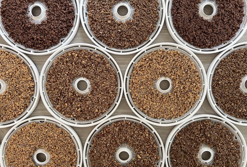 Granola on dehydrator trays